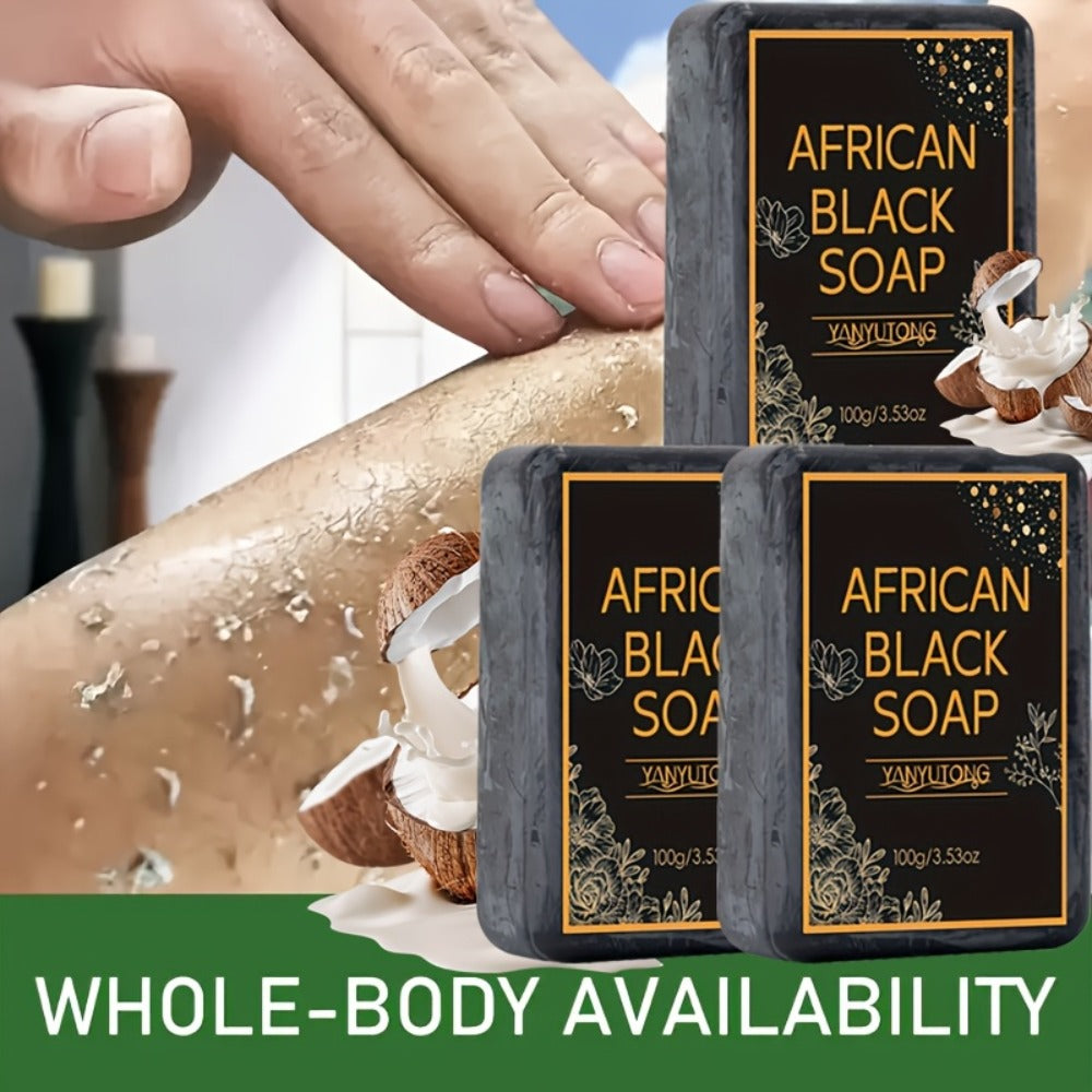 African Black Soap Bar 3-Pack 100g Each with Shea Butter & Coconut Oil — Deep Cleansing Moisturizing Face & Body Wash, Alcohol-Free Natural Soap for Acne, Dry, Oily & Sensitive Skin | All Skin Types