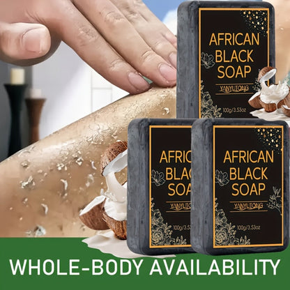 African Black Soap Bar 3-Pack 100g Each with Shea Butter & Coconut Oil — Deep Cleansing Moisturizing Face & Body Wash, Alcohol-Free Natural Soap for Acne, Dry, Oily & Sensitive Skin | All Skin Types