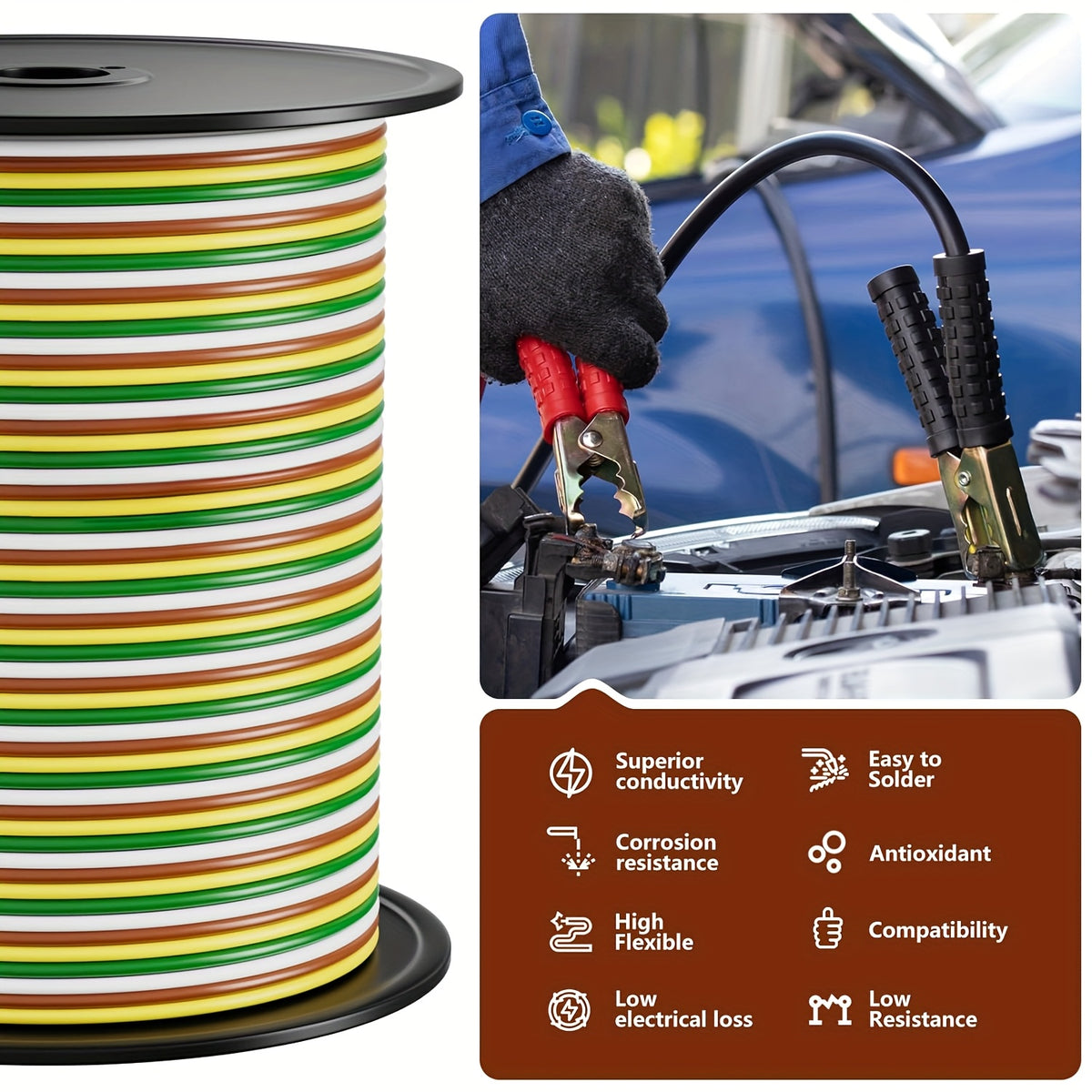 100ft Bonded 4-Way Trailer Wire, RV Camper Towing Boat Trailer Wiring Harness Wire Spool, Primary 4-Wire 14 Gauge CCA Wire, Ideal for All Basic Needs(Green, Yellow, Brown, White)