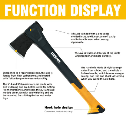Carbon Steel Camping Hatchet Wood Splitting Axe – Teflon-Coated Forged Steel Blade, Shock-Absorbing Fiber Handle, Anti-Rust & Non-Slip, 4 Sizes (14"/18"/24"/28") for Camping, Firewood & Gardening