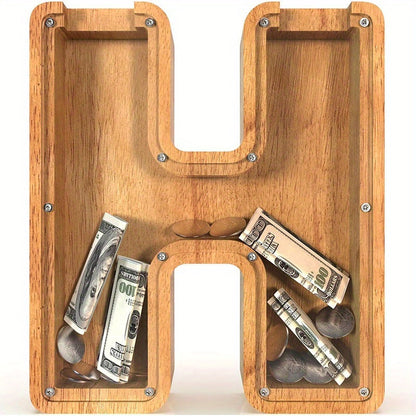 Wooden Letter Penny Bank – Alphabet Coin Bank Savings Box for Kids & Adults, Personalized Money Bank Birthday Gift, A to Z Initial Letter Bank
