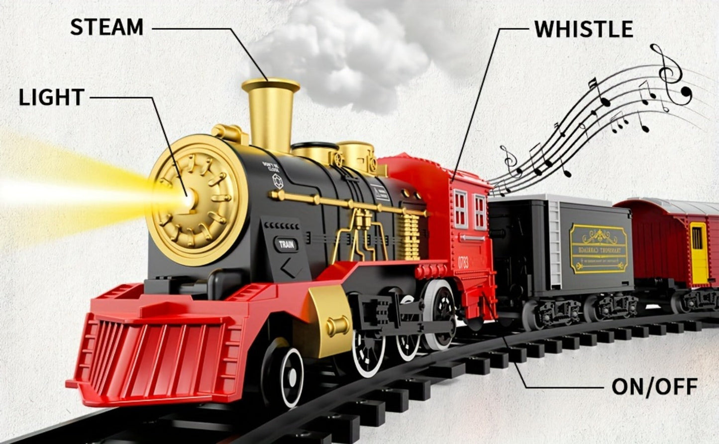Electric Train Set for Kids with Steam Locomotive Engine Lights & Sound – Classic Christmas Train Toy with 16 Tracks 8 Cards for Boys Girls Ages 3+ Birthday Holiday Gift