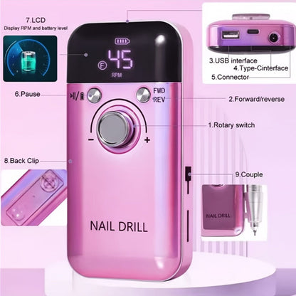 Nail Drill 45000 RPM Rechargeable Professional Electric Nail File Kit with Drill Bits Sanding Bands Low Noise Portable Manicure Pedicure Polishing Set for Salon Home Women Nail Techs