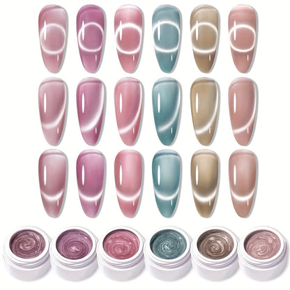 MORDDA Magnetic Cat Eye Gel Polish Kit 6 Colors with Magnet – Shimmering Reflective Swirl Nail Art, Soak Off UV/LED Semi-Permanent Gel Polish Set, Alcohol-Free, Salon & DIY Home Manicure