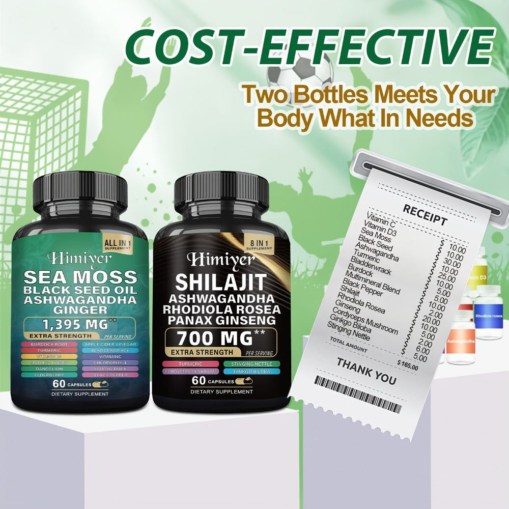 Sea Moss 7000mg & Shilajit Supplement Bundle — Black Seed Oil 4000mg, Ashwagandha 2000mg, Panax Ginseng 1500mg, Rhodiola Rosea | All-in-1 Daily Wellness Capsules