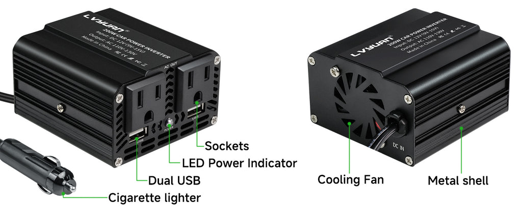LVYUAN 200W Power Inverter for Vehicles DC 12V to 110V AC Car Plug Adapter Outlet Converter with 2 USB Fast Charging Ports and 2 AC Outlets Car Charger Adapter