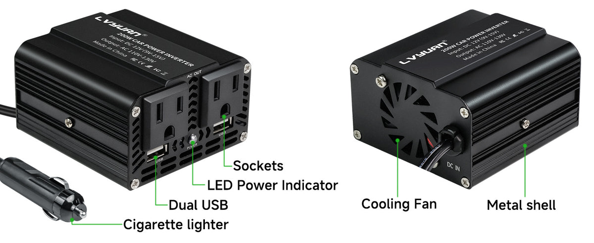 LVYUAN 200W Power Inverter for Vehicles DC 12V to 110V AC Car Plug Adapter Outlet Converter with 2 USB Fast Charging Ports and 2 AC Outlets Car Charger Adapter