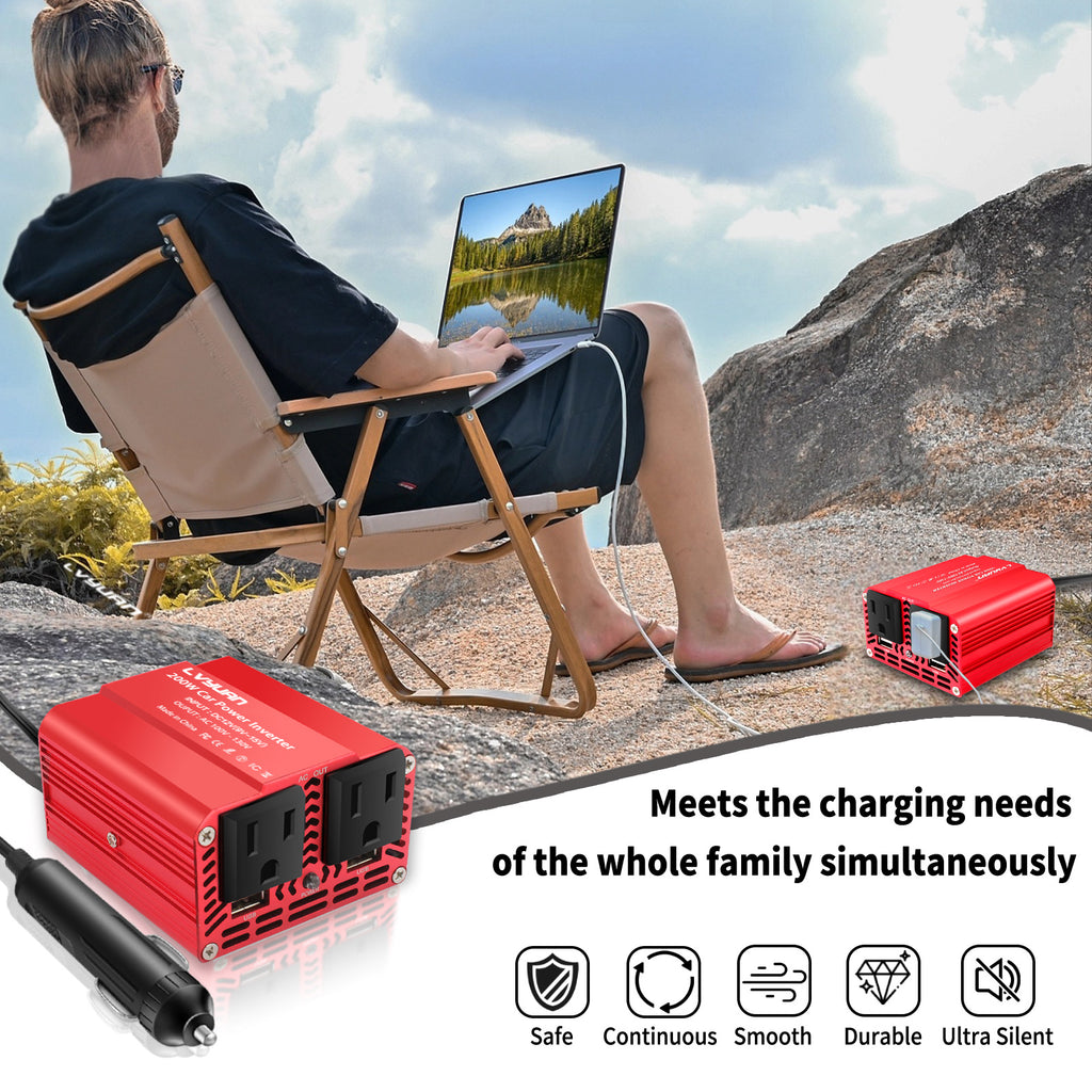 LVYUAN 200W Power Inverter for Vehicles DC 12V to 110V AC Car Plug Adapter Outlet Converter with 2 USB Fast Charging Ports and 2 AC Outlets Car Charger Adapter