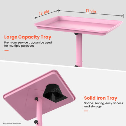 Rolling Salon Tray Cart on Wheels Adjustable Height 17.9x12.8 Inch Mobile Stylist Tray Table for Spa Tattoo Studio Blowdry Bar Aesthetic Clinic Bronze Pink