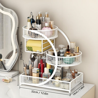 3-Tier Metal Cosmetic Organizer with Tissue Box Holder No-Installation Countertop Makeup Skincare Storage Rack for Bathroom Dresser Vanity Table Black White