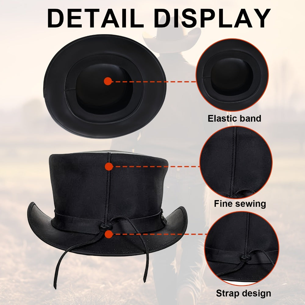 Genuine Leather Top Hat Steampunk – Shapeable Wide Brim Gentleman Hat for Men Women, Halloween Costume Topper, Deadman Victorian Derby Hat, Handcrafted Top-Grain Leather, Black, Sizes S-3XL