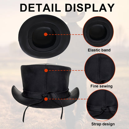 Genuine Leather Top Hat Steampunk – Shapeable Wide Brim Gentleman Hat for Men Women, Halloween Costume Topper, Deadman Victorian Derby Hat, Handcrafted Top-Grain Leather, Black, Sizes S-3XL