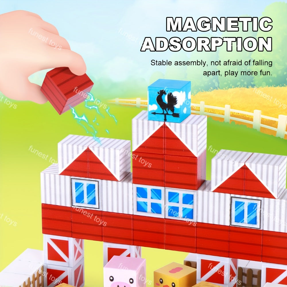 Farm Animal Magnetic Blocks 54pcs STEM Educational Toy – Farm Theme Magnetic Cubes with Animals & Farmer, Creative Learning Building Set, Birthday Easter Christmas Gift for Kids
