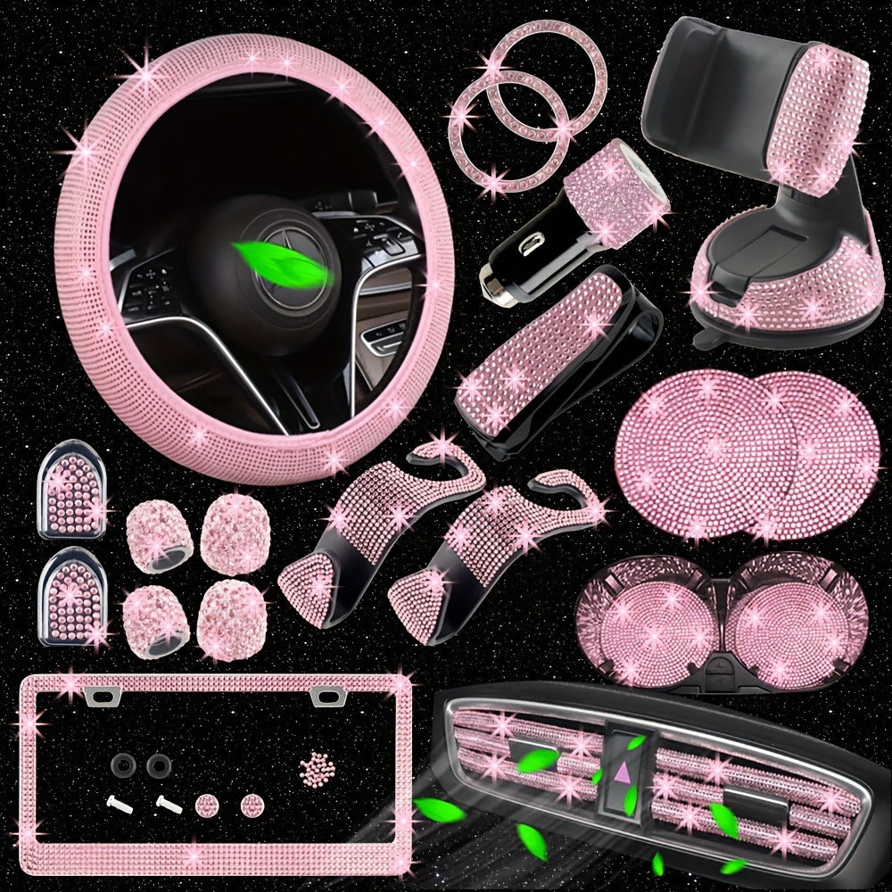 Bling Car Accessories Set 27pcs - Glitter Steering Wheel Cover 15 Inch, Bling License Plate Frame, Phone Holder & Car Coasters for Women & Men