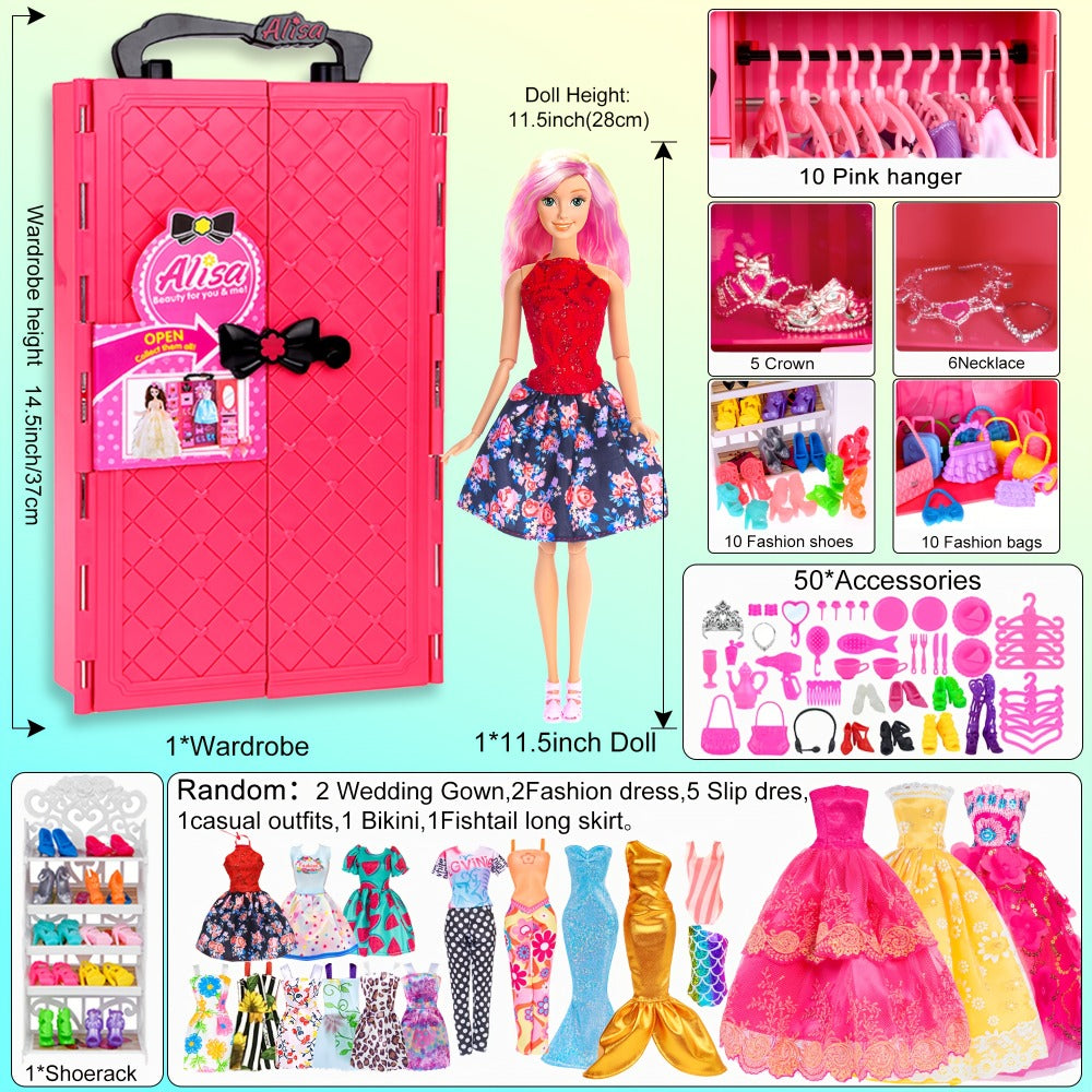 Doll Closet Playset 105 Piece Rose Wardrobe for 11.5 Inch Dolls – Wedding Gowns Fishtail Dress Swimsuit Shoes Handbags Crowns & Necklaces, Barbie-Size Fashion Gift for Girls Ages 6-12 No Doll