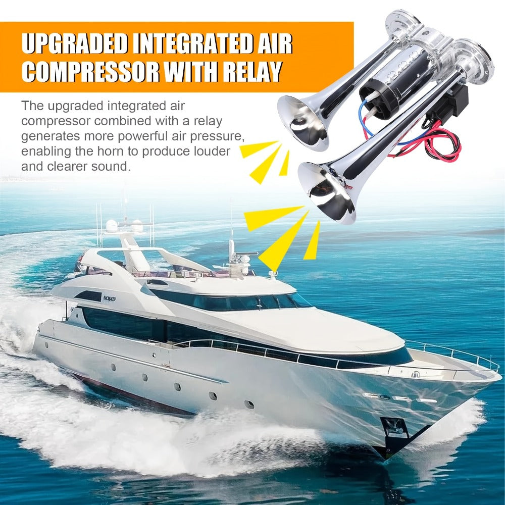 Loud Air Horn for Truck - 130dB Double Tube Aluminum Alloy with Compressor, 12V/24V Universal, Super Loud for SUV, Boat, Motorcycle, Off-Road, Bus, Quick Install