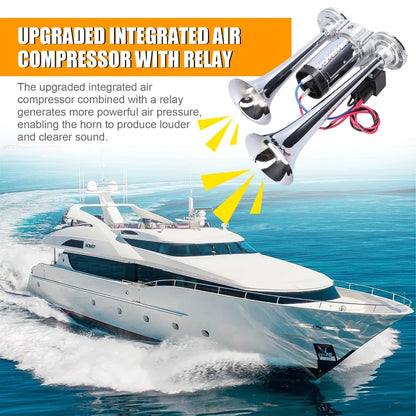 Loud Air Horn for Truck - 130dB Double Tube Aluminum Alloy with Compressor, 12V/24V Universal, Super Loud for SUV, Boat, Motorcycle, Off-Road, Bus, Quick Install