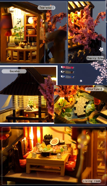 DIY Miniature House Kit – Sakura Garden Villa Wooden Dollhouse with Full Furniture & Accessories, Japanese Cherry Blossom Style, Creative Craft Gift for Adults Teens Women