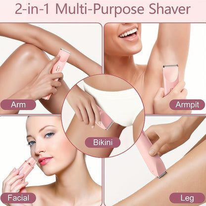 Bikini Trimmer for Women 2-in-1 Dual Head IPX7 Waterproof Electric Shaver Body Hair Trimmer Facial Hair Remover Bikini Underarm Leg Arm Face 90-Min Battery USB Rechargeable Pink Travel-Friendly