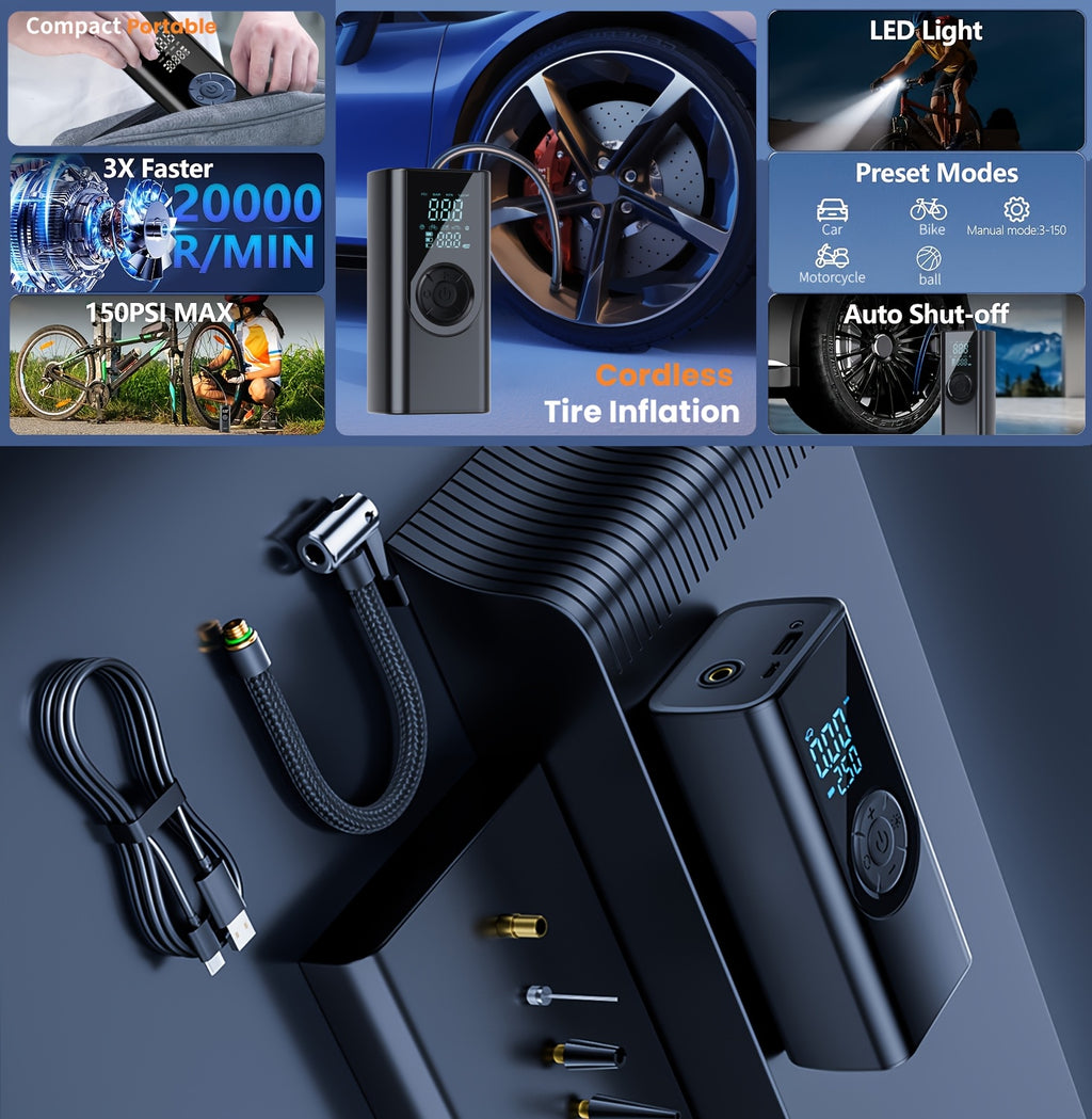 Portable Tire Inflator Pump with Digital Pressure Gauge - USB Rechargeable Air Compressor for Cars, Motorcycles, SUVs, Bikes, And Sports Balls - Large Capacity Battery Battery, LED Light, And USB Charging