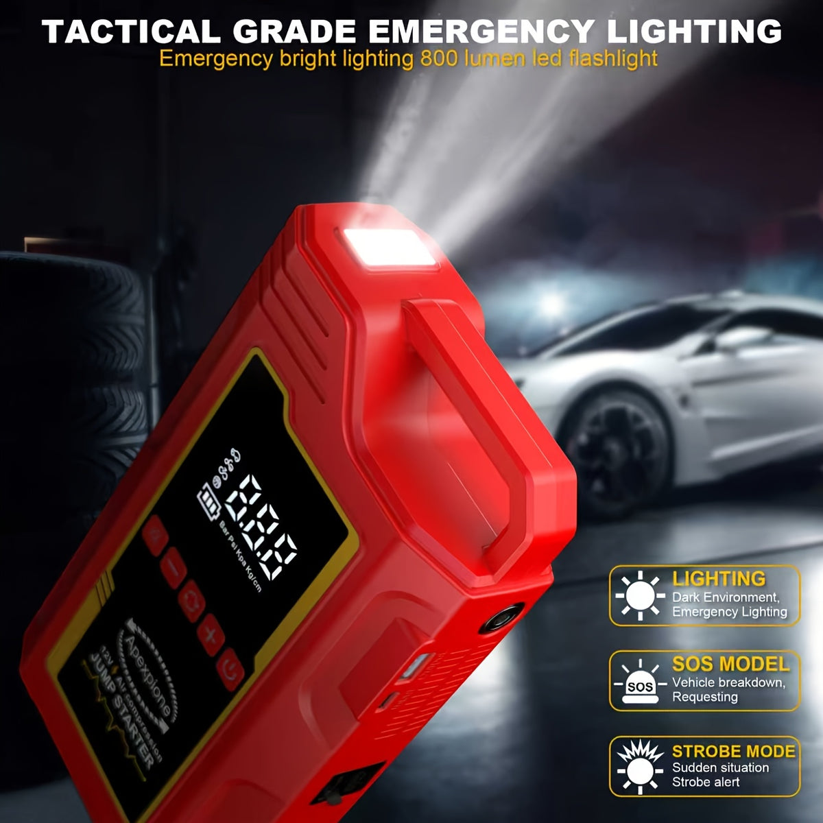 10000A-18000A High-current Car Starter with Air Compressor, 366PSI Inflator, for 12V (ALL Gas/ALL Diesel). Smart Cables, Protections, Fast USB, LED Light, Storage Bag. Hurricane Emergency Lighting, Auto Tool.Nice Gift