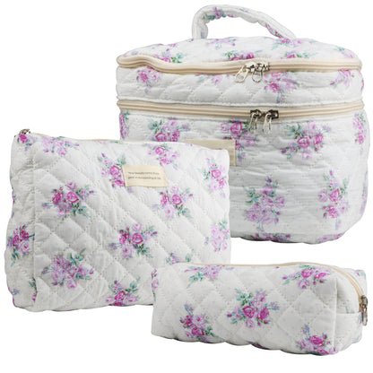 Quilted Floral Makeup Bag Set 3PCS Large Capacity Dual Layer Cotton Cosmetic Bags Coquette Aesthetic Travel Toiletry Organizer Gift for Women Girls Blue Rose Pink