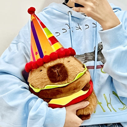 Capybara Plush Stuffed Animal Hamburger Burger Hat Funny Kawaii Soft Plush Toy Couch Pillow Doll Unique Meme Gift for Kids Teens Adults Birthday Christmas Holiday