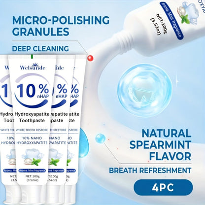 Hydroxyapatite Toothpaste 4-Pack – 10% Nano Formula with Baking Soda, Deep Cleaning & Whitening Gel, Mint Fresh Breath, Fluoride-Free Daily Oral Care for Everyone, Home & Travel Sleek Tube Design (400g)