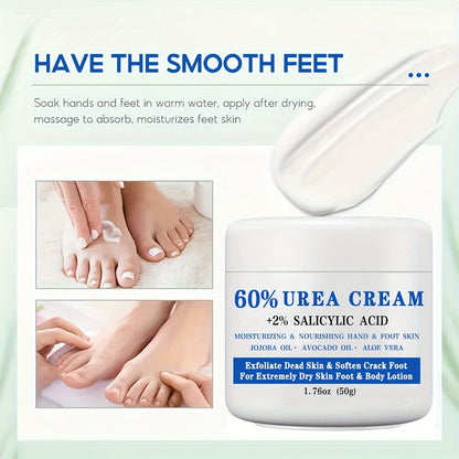 Urea Foot Cream 60% with 2% Salicylic Acid Deep Moisturizing Exfoliating Heel & Hand Lotion – Softens Dry Cracked Skin, Jojoba & Avocado Oil, Hypoallergenic 1.76oz