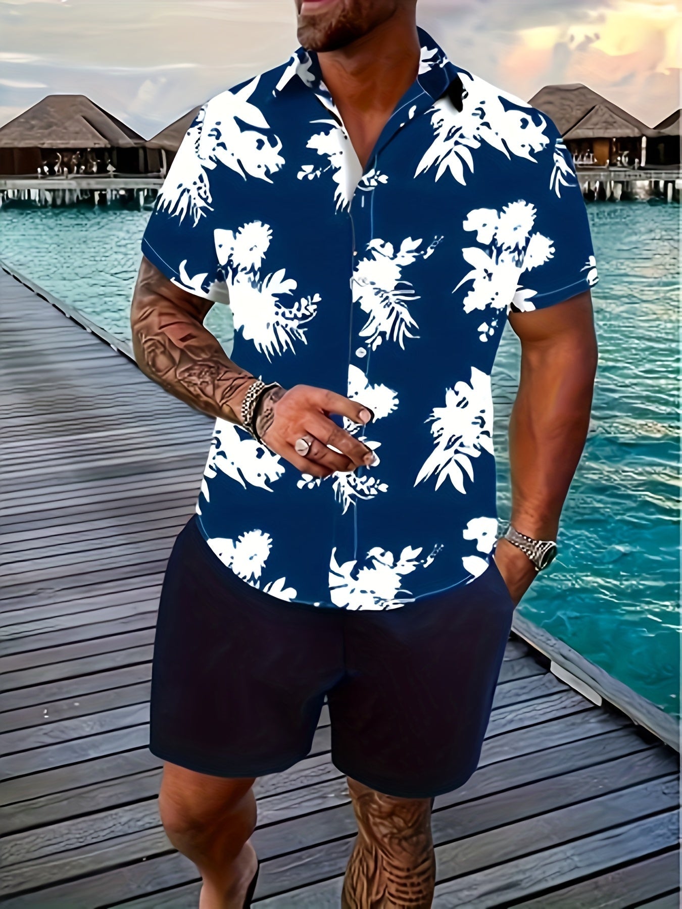 Men's Tropical Print Shirt - Collared Short Sleeve 489765