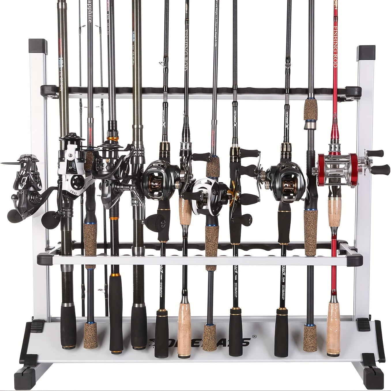 Aluminum Fishing Rod Holder Rack Holds Up to 24 Rods, Portable Lightweight Rust-Resistant Rod Stand with Cushioned Holders & Carrying Handle, Freestanding Fishing Pole Organizer for Garage Cabin Home