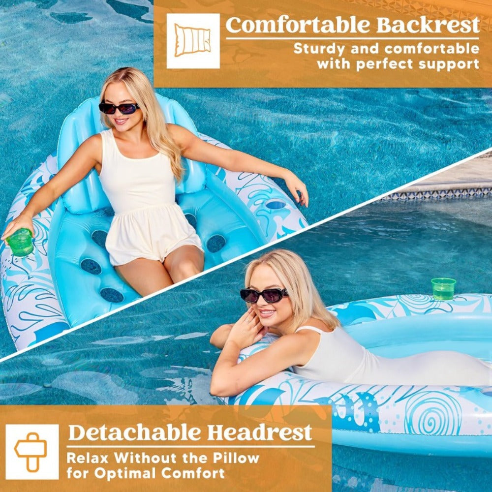 Oval Inflatable Pool Float Lounger for Adults – Tanning Raft with Removable Head & Back Support, Water Flow Vents & 2 Cup Holders | Sunbathing Lounge Float for Pool Lake Beach, Blue