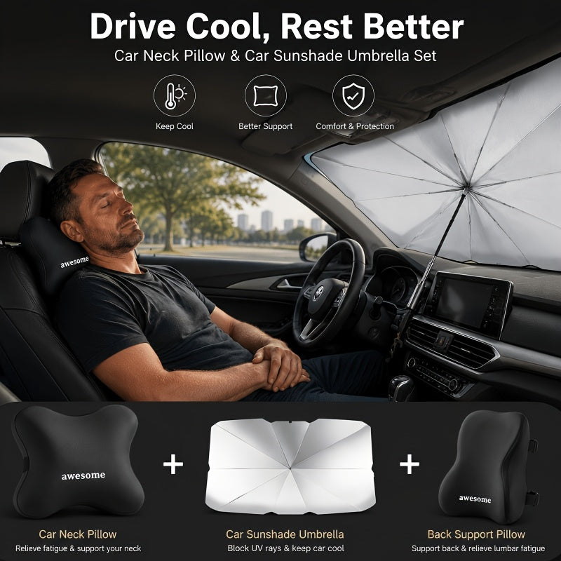 Premium Comfort Car Accessories, All-in-One Car Comfort Kit: Windshield Sun Shade + Memory Foam Neck Pillow & Lumbar CushionThis 2pcs Memory Foam Car Headrest And Lumbar Support Set Cools Down Your Car Interior, Eases Neck Tension And Delivers