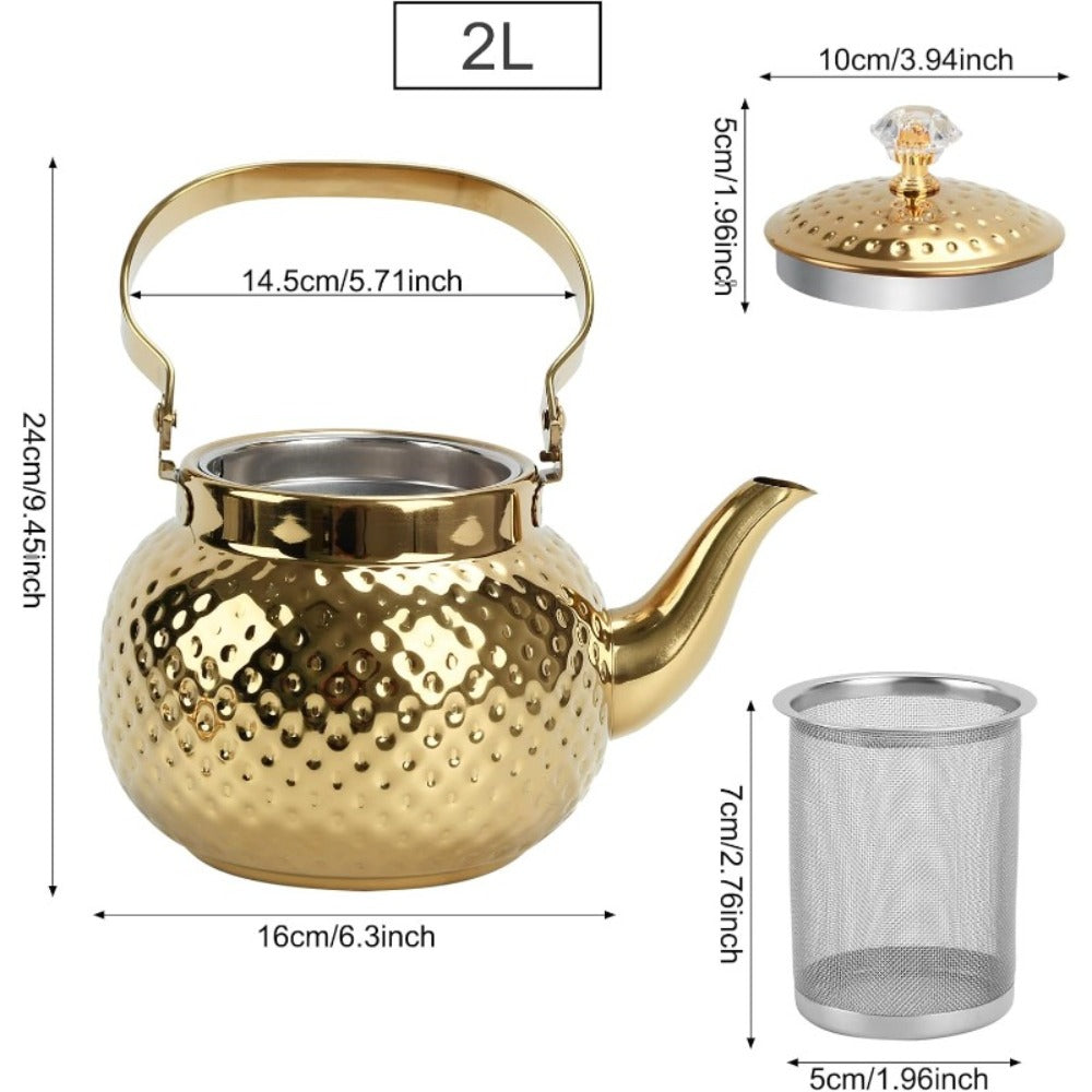 Hammered Tea Kettle Stainless Steel – 40.58oz Stovetop Teapot with Strainer for Loose Leaf Tea, Coffee & Milk, Classic Hammered Design, Outdoor & Travel Friendly, Premium Tea Gift – Gold, Silver