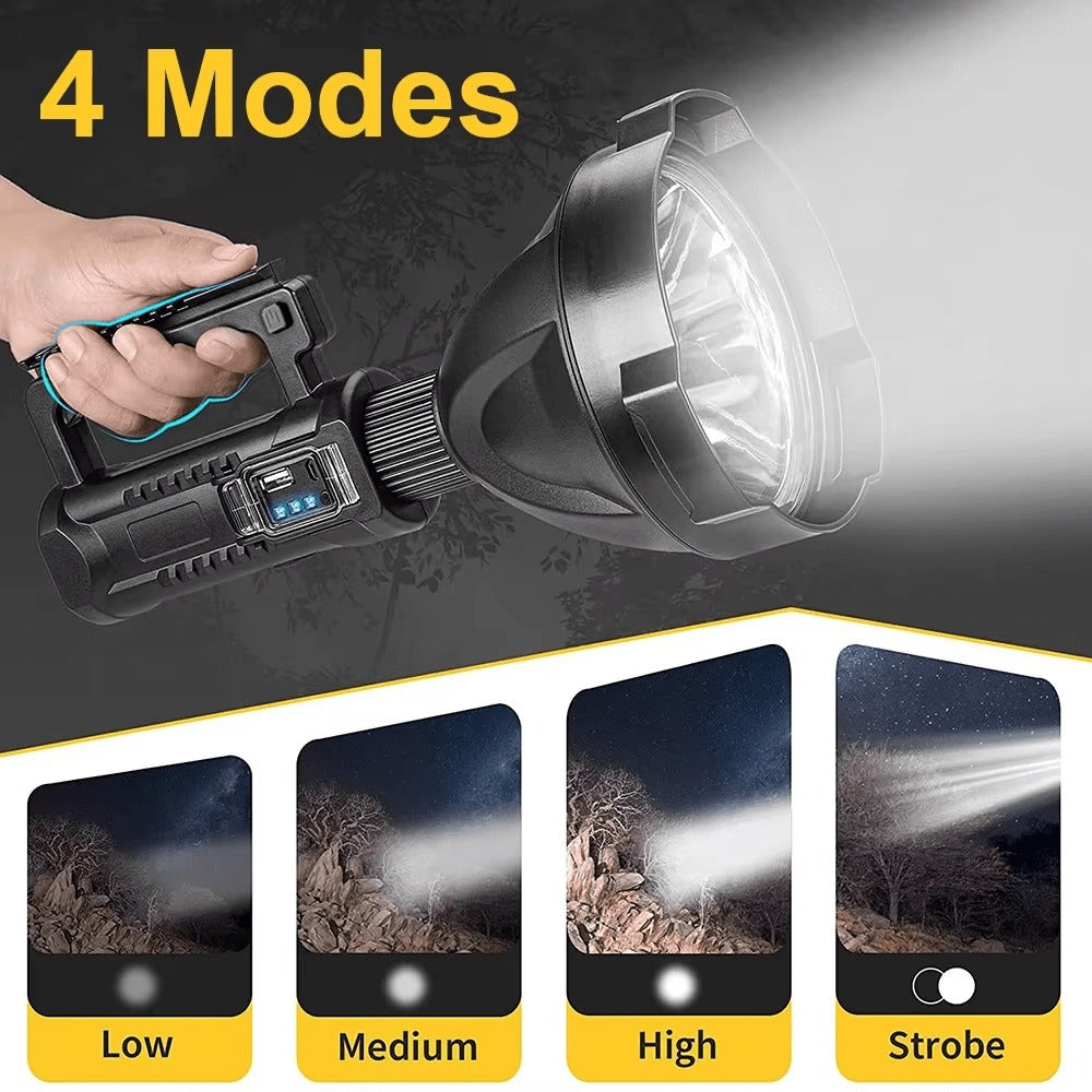 XHP90 High Power LED Flashlight USB Rechargeable Powerful Spotlight Searchlight – 4 Modes, Camping Lantern Torch with Bracket for Fishing Camping Hiking Hunting Outdoor Adventure Patrol