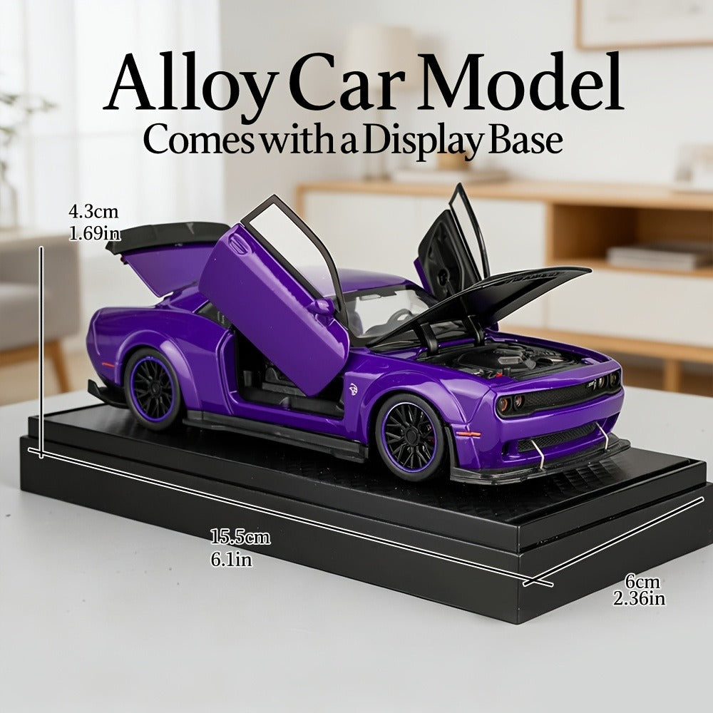Purple Dodge Sports Car Zinc Alloy Diecast Model with Display Base & Openable Doors – High Simulation Static Display Collectible, Home Office Desktop Decoration, Gift for Car Enthusiasts