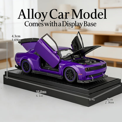 Purple Dodge Sports Car Zinc Alloy Diecast Model with Display Base & Openable Doors – High Simulation Static Display Collectible, Home Office Desktop Decoration, Gift for Car Enthusiasts