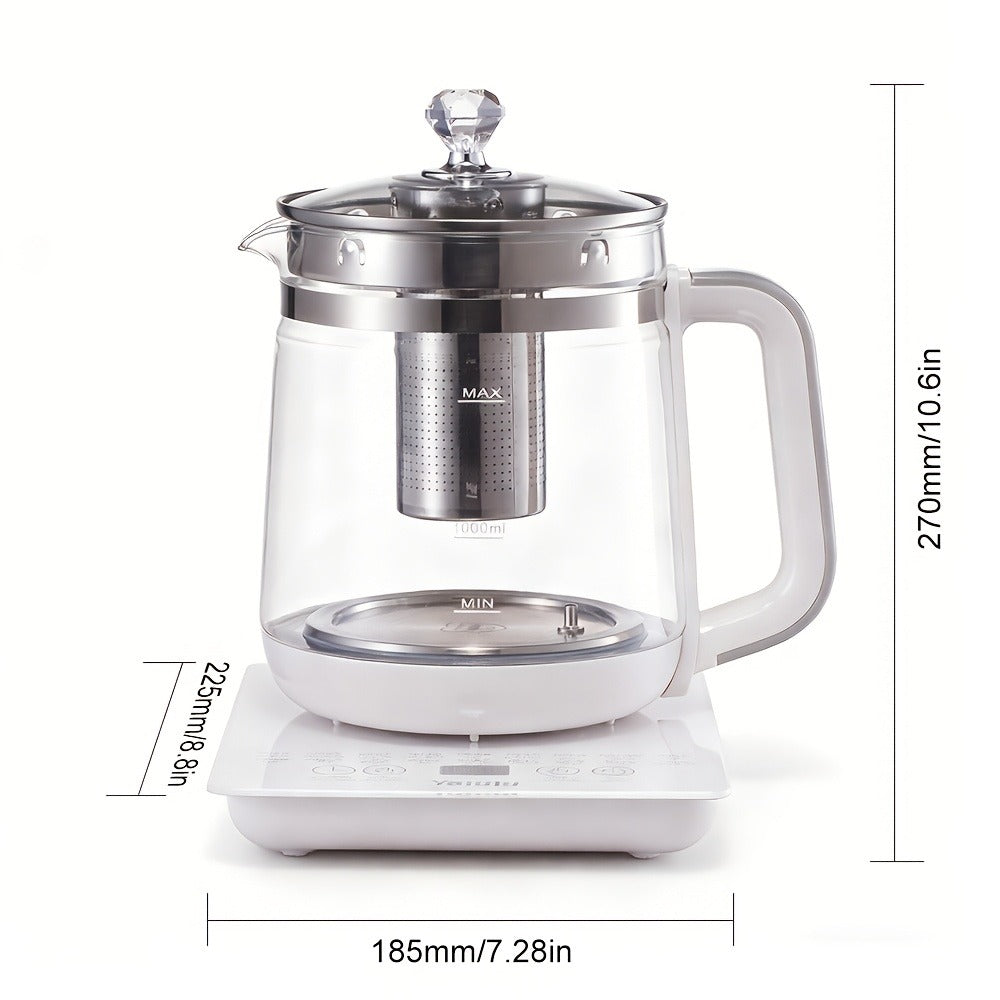 Electric Health Pot Smart Kettle 1.8L Thickened Glass 18 Smart Functions Removable Filter Multi-Functional for Tea Herbal Brewing Camping Home US Plug White