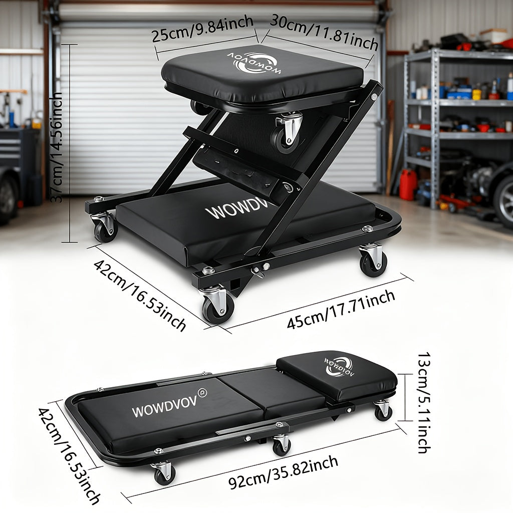 Auto Repair Bench with Roller Moving Tool Tray(Sold Separately), Wheel X Mechanical Climber 3-In-1/2-In-1 Z-Shaped Seat with 500 Pound Capacity, Foldable And Adjustable Rolling Garage Folding, Lying Down, Sitting And Leaning with 6 Wheel Rollers