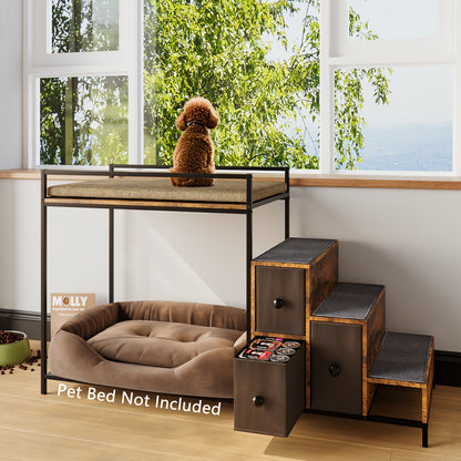 Cat Window Perch with Stairs & 3 Storage Drawers – Large Multi-Level Pet Bunk Bed Platform for Cats and Dogs, Foam Upholstered