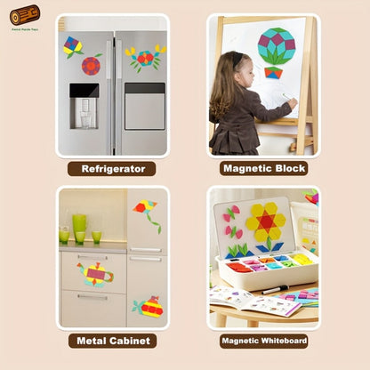 Magnetic Wooden Puzzle Blocks 128 180 220 Piece Set – Geometric Figures Cognitive Learning STEM Toy for Kids, Creative Jigsaw Building Gift for Toddlers & Children