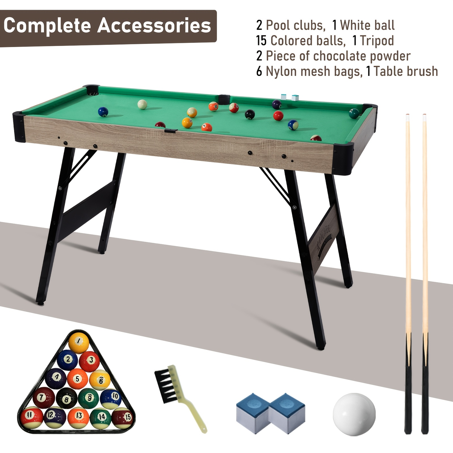 Folding Pool Table 48 Inch – Portable Billiard Table with Locking Legs Balls Cues Triangle Chalk Brush for Home Game Room