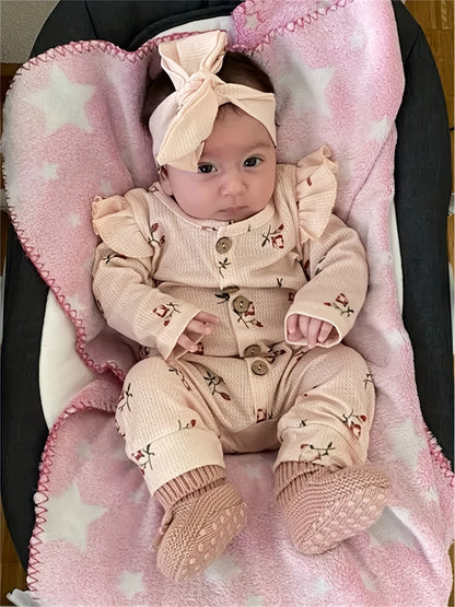 Baby Girls Outfit Set - Floral Ruffle Waffle Knit