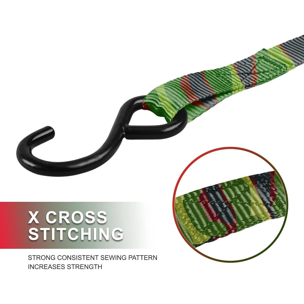 4-Pack Ratchet Tie Down Straps with 4 Soft Loops – 15FT, 1500 lbs Breaking Strength, Heavy Duty for Moving, Motorcycle, Lawn Gear, Multi-Color (Orange, Blue, Camo, Green, Red, Yellow)