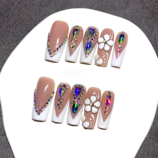 Press On Nails Square French Tip with AB Rhinestone & Handcrafted Floral Design – Nude White Glossy Luxury Nail Set 10pcs S/M/L for Wedding Bridal Party