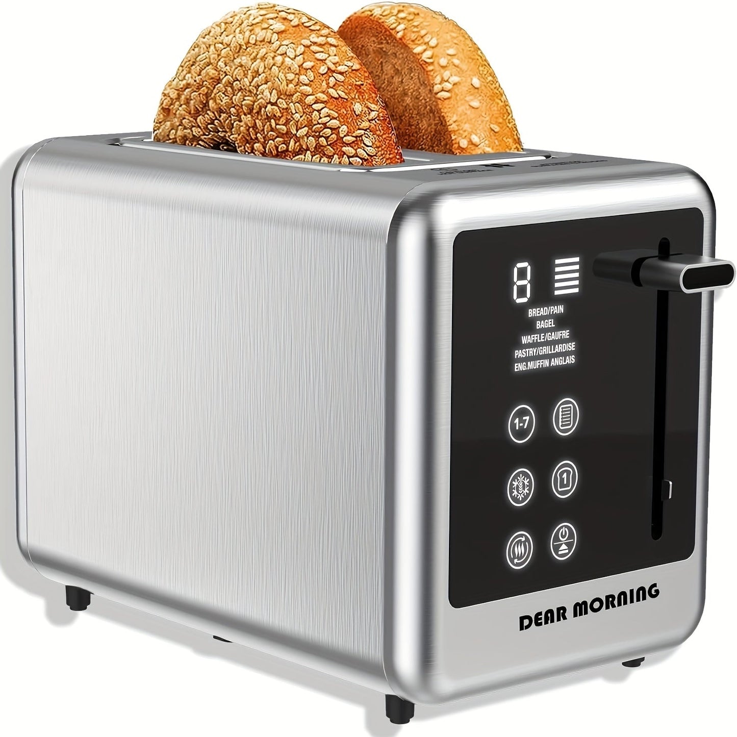 Stainless Steel Toaster 2-Slice Smart Touch Screen – 5 Bread Selections, 7 Shade Settings, Bagel/Defrost/Cancel/Reheat, 1.5" Wide Slot, Removable Crumb Tray