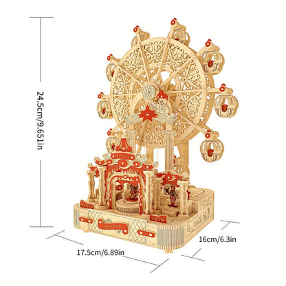 DIY Wooden Ferris Wheel Music Box Kit – 3D Mechanical Spinning Puzzle Model with Gift Box, Romantic Handcrafted Decor Gift for Adults Teens Birthday Valentine's Day Anniversary Christmas