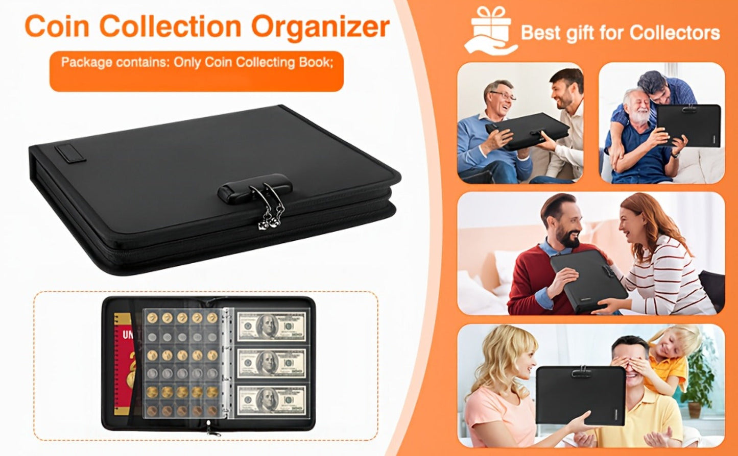 300-Pocket Coin Collection Book with Lock - Fireproof Holder, 72 Currency Sleeves, Coin Organizer Album for Pennies, Bills & Stamps | Complete Collector Supplies Set - Black