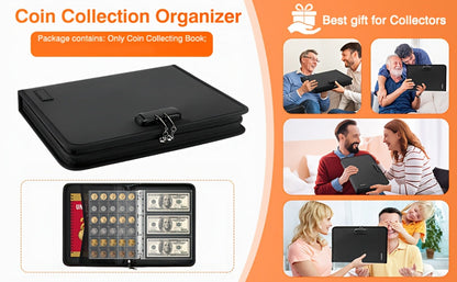 300-Pocket Coin Collection Book with Lock - Fireproof Holder, 72 Currency Sleeves, Coin Organizer Album for Pennies, Bills & Stamps | Complete Collector Supplies Set - Black