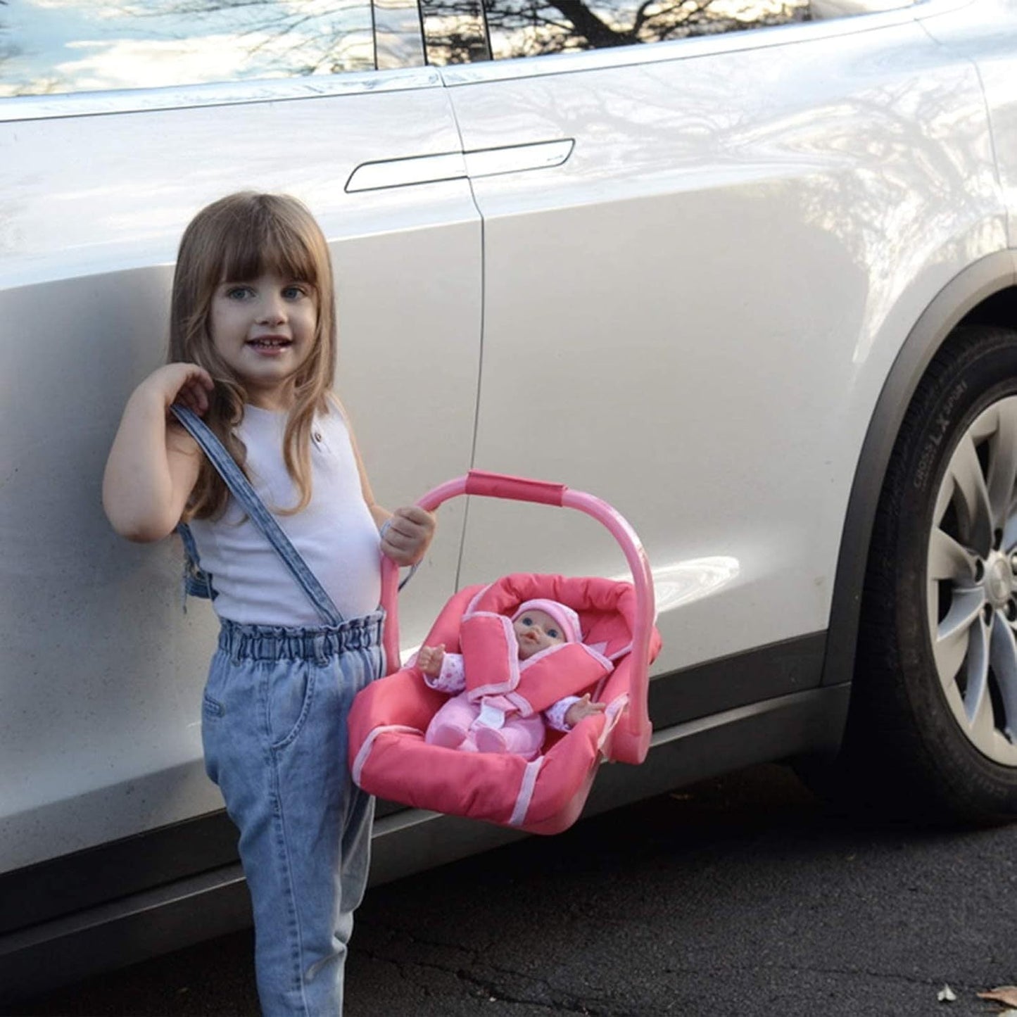 Doll Car Seat Carrier for 18 Inch Dolls Pink Unicorn Design 2-in-1 Baby Doll Travel Accessory Lead-Free Safety Tested Role Play Gift for Girls Ages 3+ Birthday Christmas